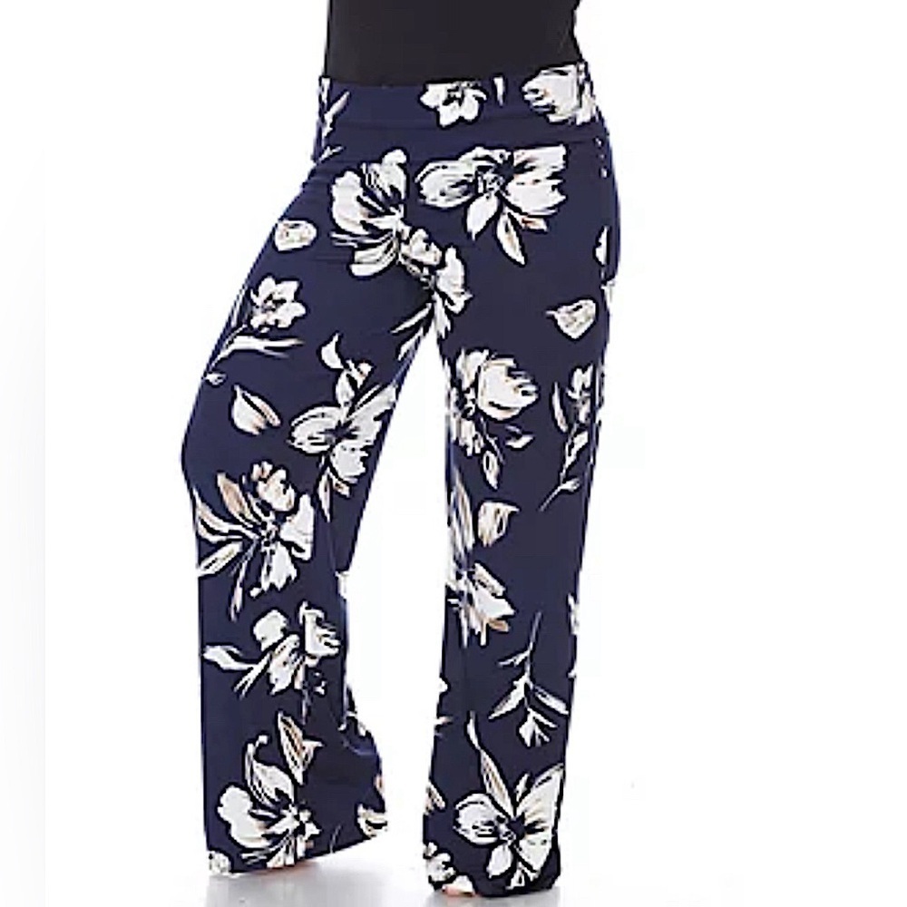 NEW White Mark Navy Ivory & Tan Flowers Mid Rise Wide Leg Palazzo Pants 3X-4X